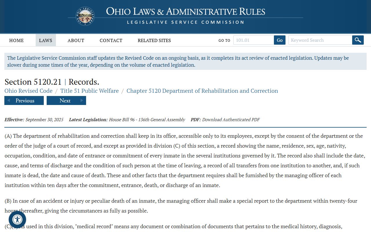 Ohio inmate records statute ORC 5120.21