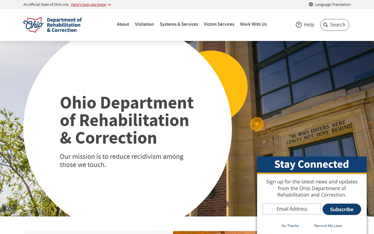 Ohio ODRC homepage for released inmates search