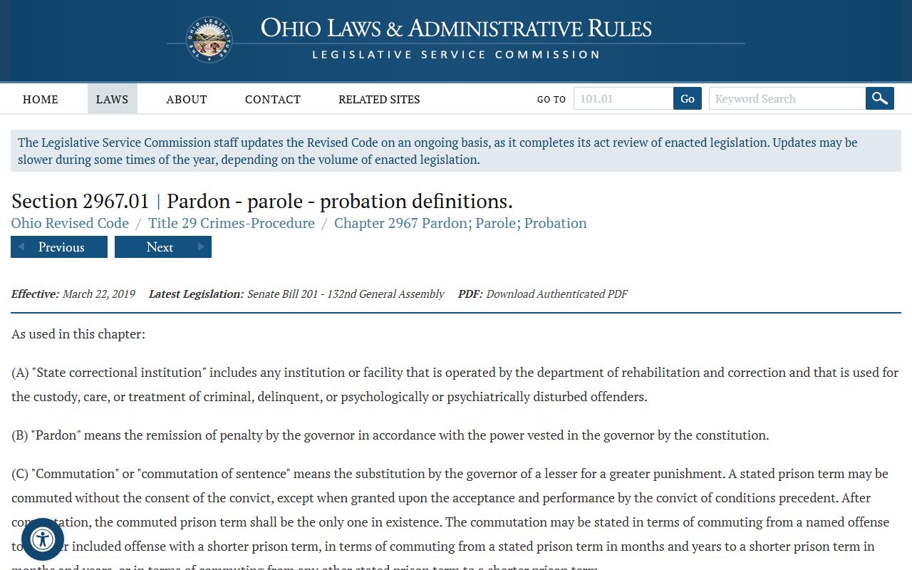 Ohio pardon and parole definitions for released inmates