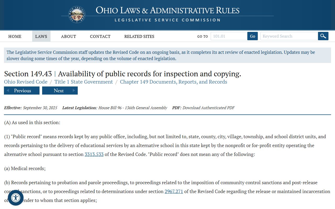 Ohio public records act statute for released inmates information